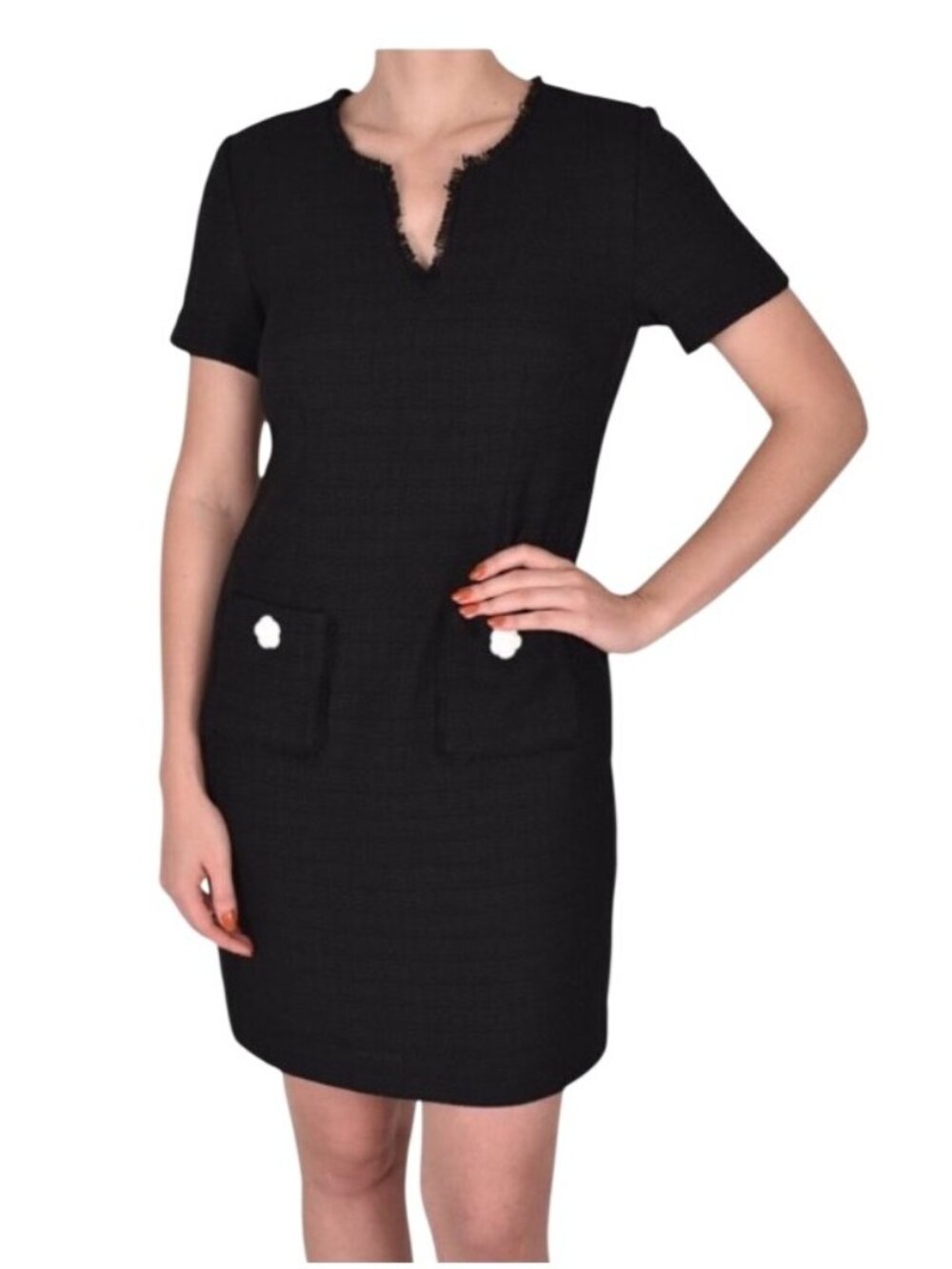 Karl Lagerfeld Preto tweed Black Short Sleeve Dress Pockets rose buttons size 12